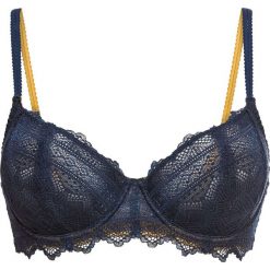 Biustonosz bonprix ciemnoniebiesko-musztardowy. Niebieskie biustonosze bonprix, w koronkowe wzory, z koronki. Za 37,99 zł.
