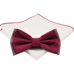 Czerwona Mucha z Białą Poszetką z Bordowym Podbiciem -CHATTIER- Męska, w Drobny Rzucik MUCH0484. Czerwone muszki męskie Chattier, w paski, eleganckie. Za 44,00 zł.