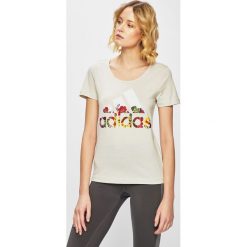 Adidas Performance - Top. Zielone topy damskie adidas Performance, s, z nadrukiem, z bawełny, z okrągłym kołnierzem. W wyprzedaży za 79,90 zł.
