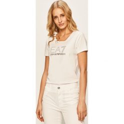 EA7 Emporio Armani - T-shirt. Czarne bluzki damskie EA7 Emporio Armani, s, z nadrukiem, z elastanu, z okrągłym kołnierzem. Za 329,90 zł.