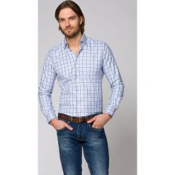 Koszula Niebieska w Kratę Zoe. Niebieskie koszule męskie LANCERTO, m, bez wzorów, z bawełny, eleganckie, bez kołnierzyka, bez rękawów. W wyprzedaży za 149,90 zł.