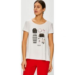 Liu Jo - Top. Białe topy damskie marki Liu Jo, l, z nadrukiem, z bawełny, z włoskim kołnierzykiem. Za 399,90 zł.