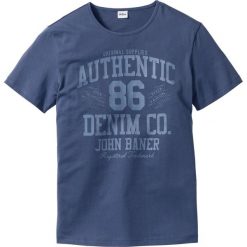 T-shirt z nadrukiem bonprix indygo z nadrukiem. Niebieskie koszulki męskie bonprix, s, z nadrukiem, z bawełny, bez kołnierzyka, bez rękawów. Za 37,99 zł.