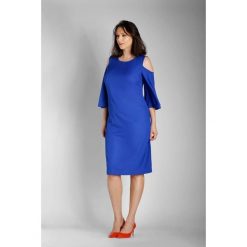 Niebieska Prosta Midi Sukienka z Rozkloszowanym Rękawem PLUS SIZE. Niebieskie sukienki damskie Molly.pl, na co dzień, xl, bez wzorów, wizytowe, bez kołnierzyka, plus size, bez rękawów, midi, rozkloszowane. Za 139,90 zł.