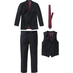 Garnitur 4-częściowy (marynarka, spodnie, kamizelka i krawat) bonprix czarno-bordowy. Czarne krawaty męskie bonprix, m, bez wzorów, eleganckie. Za 449,99 zł.