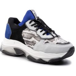Sneakersy BRONX - 66167A-CJ BX 1525 Off White/Black/Cobalt. Szare półbuty damskie Bronx, na co dzień, bez wzorów, ze skóry, bez obcasa, na płaskiej podeszwie, bez zapięcia. W wyprzedaży za 299,00 zł.