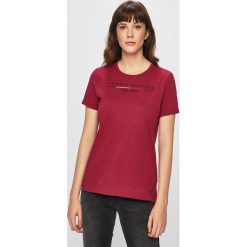 Tommy Hilfiger - Top. Szare bluzki damskie TOMMY HILFIGER, s, z nadrukiem, z bawełny, casualowe, z okrągłym kołnierzem, z krótkim rękawem. W wyprzedaży za 119,90 zł.