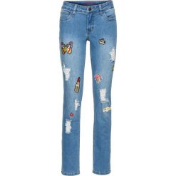 Dżinsy SLIM z naszywkami bonprix niebieski "bleached". Niebieskie jeansy damskie bonprix, z aplikacjami, z jeansu. Za 59,99 zł.
