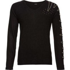 Sweter z miękkiej dzianiny o splocie drobnych oczek, z perełkami bonprix czarny. Czarne bez kategorii bonprix, z dzianiny, z dekoltem w serek. Za 74,99 zł.