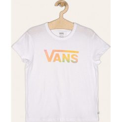 Vans - T-shirt dziecięcy 129-173 cm. Białe bluzki dziewczęce Vans, z nadrukiem, z bawełny, z okrągłym kołnierzem, z krótkim rękawem, krótkie, bez kaptura. Za 119,90 zł.