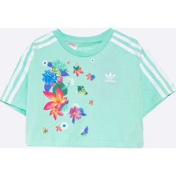 Adidas Originals - Top dziecięcy 128-170 cm. Szare bluzki dziewczęce adidas Originals, z nadrukiem, z bawełny, z okrągłym kołnierzem, z krótkim rękawem. Za 119,90 zł.