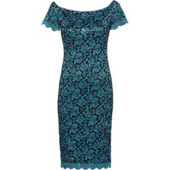 Sukienka bonprix turkusowy. Niebieskie sukienki damskie bonprix, na imprezę, bez wzorów, z koronki, bez kołnierzyka, bez rękawów, dopasowane. Za 119,99 zł.