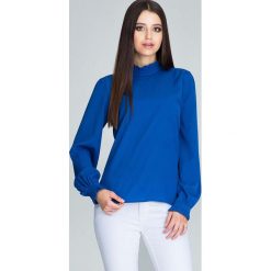 Niebieska Bluzka ze Stójką z Riuszką. Niebieskie podkoszulki damskie marki Molly.pl, s, bez wzorów, eleganckie, ze stójką, z długim rękawem. Za 129,90 zł.