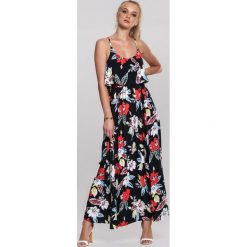 Czarna Sukienka Bad-Tempered. Czarne sukienki damskie Renee, na imprezę, s, w kwiaty, eleganckie, z falbankami, bez rękawów, maxi. Za 99,99 zł.