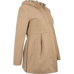 Płaszcz ciążowy z kapturem, z regulacją obwodu bonprix beżowy. Brązowe kurtki ciążowe bonprix, na jesień, moda ciążowa. Za 89,99 zł.