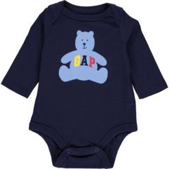 Body w kolorze granatowym. Niebieskie body niemowlęce z nadrukiem, z bawełny. W wyprzedaży za 39,95 zł.