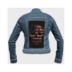 Kurtka jeansowa damska American skull. Kurtki damskie MegaKoszulki, na wiosnę, z nadrukiem, z jeansu, klasyczne, bez kaptura. Za 204,90 zł.