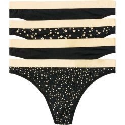 Stringi (4 pary) bonprix czarno-złoty z nadrukiem. Czarne stringi damskie bonprix, z nadrukiem. Za 39,96 zł.