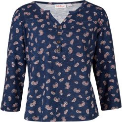 Shirt z dekoltem henley bonprix w deseń "paisley". Niebieskie koszulki damskie bonprix, bez wzorów, z bawełny, bez kołnierzyka, bez rękawów. Za 49,99 zł.