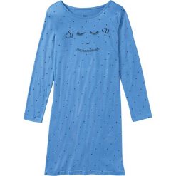 Koszula nocna bonprix niebieski z nadrukiem. Niebieskie koszule nocne damskie bonprix, z nadrukiem, ze skóry, bez kołnierzyka, bez rękawów. Za 34,99 zł.