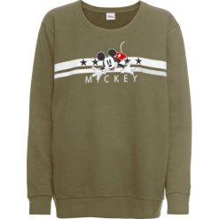 Shirt bonprix oliwkowy z nadrukiem. Zielone koszulki damskie marki bonprix, z nadrukiem, bez kołnierzyka, bez rękawów. Za 54,99 zł.