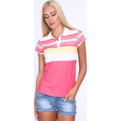 Koszulka polo w kolorowe pasy / amarant 7609. Różowe koszulki damskie Fasardi, s, bez wzorów, polo, bez rękawów. Za 39,00 zł.