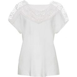 Shirt z szydełkowym dekoltem bonprix biel wełny. Białe koszulki damskie bonprix, bez wzorów, z bawełny, bez kołnierzyka. Za 79,99 zł.