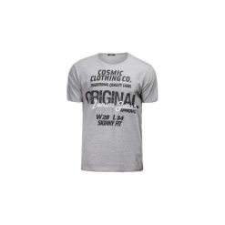 T-shirt krótki rękaw męski z printem. Szare t-shirty męskie z nadrukiem marki TXM, m, z jeansu, z klasycznym kołnierzykiem. Za 9,99 zł.