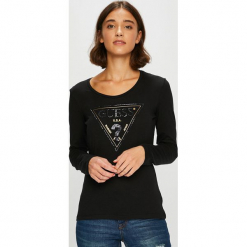 Guess Jeans - Bluzka. Czarne bluzki asymetryczne Guess Jeans, s, z aplikacjami, z bawełny, z okrągłym kołnierzem. Za 229,90 zł.