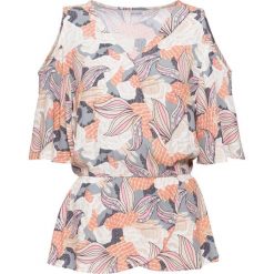 Tunika cold-shoulder bonprix rabarbarowy z kolorowym nadrukiem. Różowe tuniki damskie bonprix, z nadrukiem, z dekoltem w serek, bez rękawów. Za 99,99 zł.