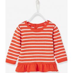 Sweter w kolorze czerwono-białym. Czerwone swetry niemowlęce Vertbaudet Girls, w paski, z bawełny. W wyprzedaży za 25,95 zł.