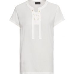 Shirt z różnych materiałów bonprix biel wełny. Białe koszulki damskie bonprix, na co dzień, bez wzorów, z wełny, bez kołnierzyka, bez rękawów. Za 59,99 zł.