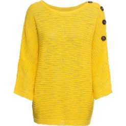 Sweter dzianinowy z guzikami bonprix żółty kukurydziany. Żółte swetry damskie bonprix, bez wzorów, z dzianiny, bez rękawów, bez kaptura. Za 129,99 zł.