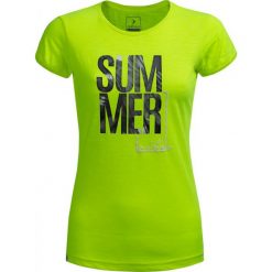 T-shirt damski TSD618 - żółty neon - Outhorn. Żółte koszulki damskie Outhorn, z nadrukiem, z bawełny, bez kołnierzyka. W wyprzedaży za 29,99 zł.