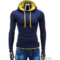 BLUZA MĘSKA Z KAPTUREM CAMILO - GRANATOWO-ŻÓŁTA. Żółte bluzy męskie marki Ombre Clothing, s, z bawełny, z kapturem. Za 49,00 zł.