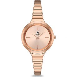 Zegarek kwarcowy w kolorze różowozłotym. Różowe, analogowe zegarki damskie Beverly Hills Polo Club, metalowe. W wyprzedaży za 299,95 zł.