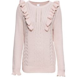 Sweter z falbanami bonprix pastelowy jasnoróżowy. Różowe swetry damskie bonprix, bez wzorów, bez rękawów, bez kaptura. Za 37,99 zł.