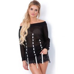 Czarny Sweter Ażurowy z Ozdobnymi Tasiemkami. Swetry damskie Molly.pl. Za 139,90 zł.