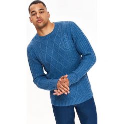 Sweter męski z melanżowej przędzy z przeplotami. Niebieskie swetry męskie Top Secret, na zimę, xxl, bez wzorów, z wełny, z okrągłym kołnierzem, bez kaptura. W wyprzedaży za 49,99 zł.