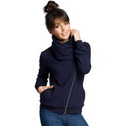 Bluzy sportowe damskie: Sportowa Bluza Zapinana na Ukośny Zamek – Granatowa