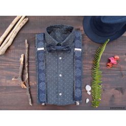 Zestaw męskie szelki i mucha z dżinsu. Szare muszki męskie Pakamera, w paski, eleganckie. Za 245,00 zł.