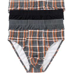 Slipy (4 pary) bonprix szary + czarny + pomarańczowy z nadrukiem. Szare slipy męskie marki bonprix, s, z nadrukiem. Za 51,96 zł.