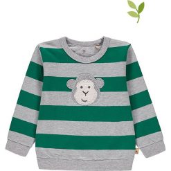 Bluza w kolorze szaro-zielonym. Szare bluzy niemowlęce Mother Nature & Me, w paski, z bawełny, bez rękawów, bez kaptura. W wyprzedaży za 62,95 zł.