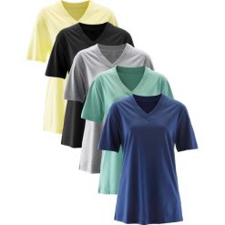 Długi shirt z dekoltem w szpic (5 sztuk), krótki rękaw bonprix jasna limonka + zielony szałwiowy + kobaltowy + jasnoszary melanż + czarny. Żółte koszulki damskie bonprix, bez wzorów, bez kołnierzyka, z długim rękawem. Za 99,95 zł.