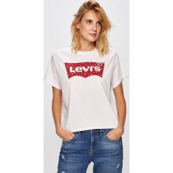 Levi's - T-shirt. Białe bluzki damskie Levi's®, s, z nadrukiem, z bawełny, z okrągłym kołnierzem. W wyprzedaży za 59,90 zł.