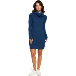 Swetrowa mini sukienka z golfem - niebieska. Niebieskie sukienki damskie BE, s, bez wzorów, ze splotem, z golfem, bez rękawów, mini. Za 139,00 zł.