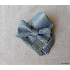 MUCHA niebieska, złota z Poszetką w Opakowaniu. Niebieskie muchy męskie Pakamera, w paski, eleganckie. Za 74,00 zł.