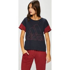 Adidas Performance - Top. Niebieskie topy damskie adidas Performance, s, z nadrukiem, z bawełny, z okrągłym kołnierzem. W wyprzedaży za 99,90 zł.