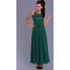 EVA&LOLA SUKIENKA- BUTELKOWA ZIELEŃ 7815-10. Żółte sukienki damskie EVA&LOLA, m, w koronkowe wzory, z tkaniny, eleganckie, z dekoltem na plecach, bez rękawów, maxi, rozkloszowane. Za 190,93 zł.