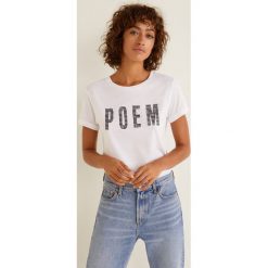 Mango - Top Poem. Białe bluzki damskie Mango, s, z nadrukiem, z bawełny, z okrągłym kołnierzem, z krótkim rękawem. W wyprzedaży za 29,90 zł.